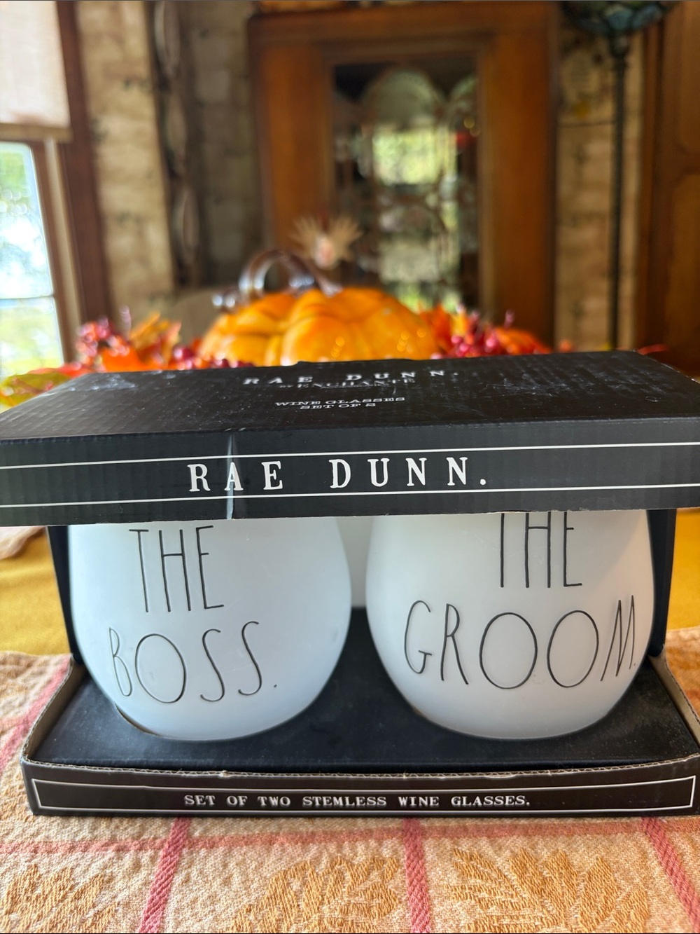 Rae Dunn Stemless Wine Glasses - White (The Boss / The Groom)